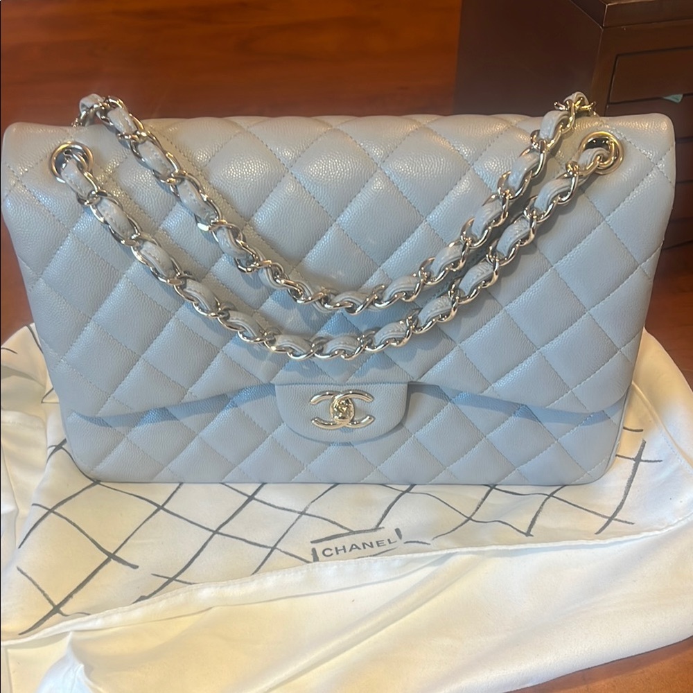 Chanel Gray Caviar Quilted Jumbo Double Flap bag